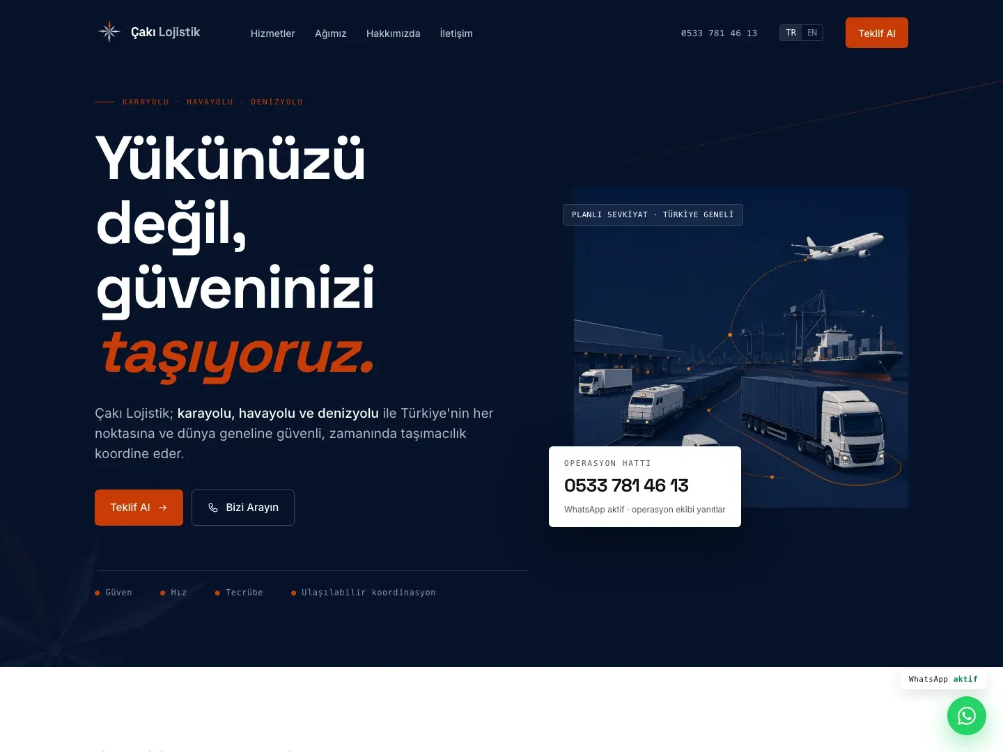 Çakı Lojistik homepage — hero with brand promise and quote CTA