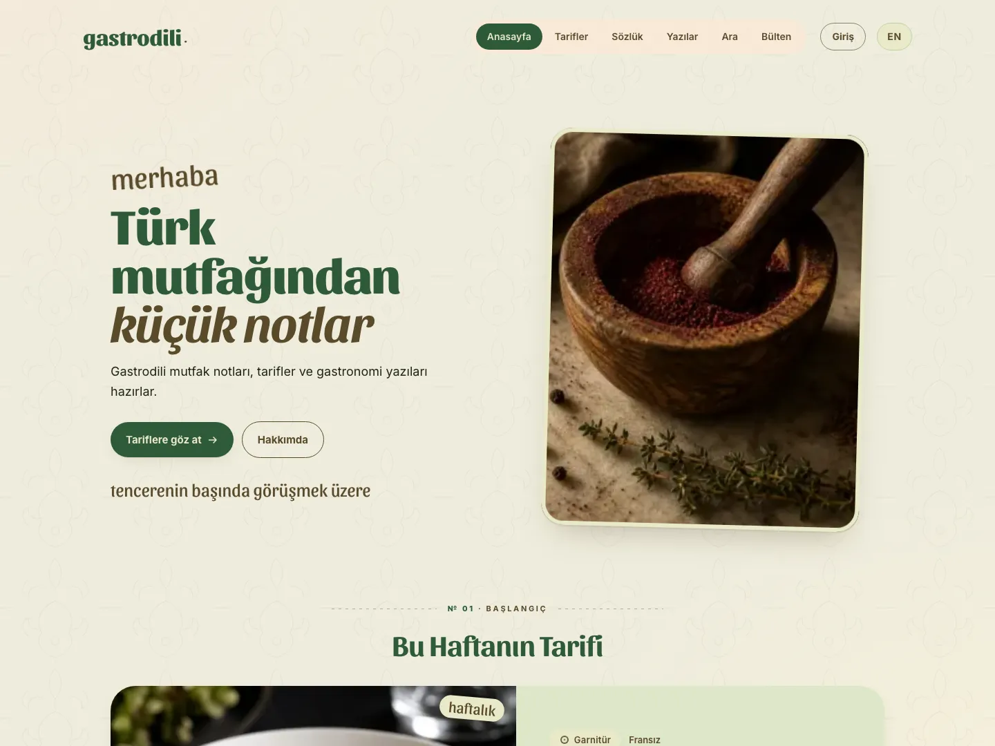 Gastrodili homepage — editorial culinary hero with recipe CTA