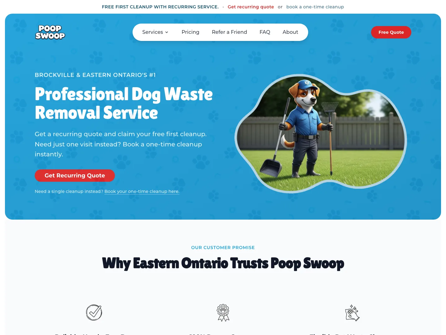 Poop Swoop homepage — mascot-led hero with booking CTA